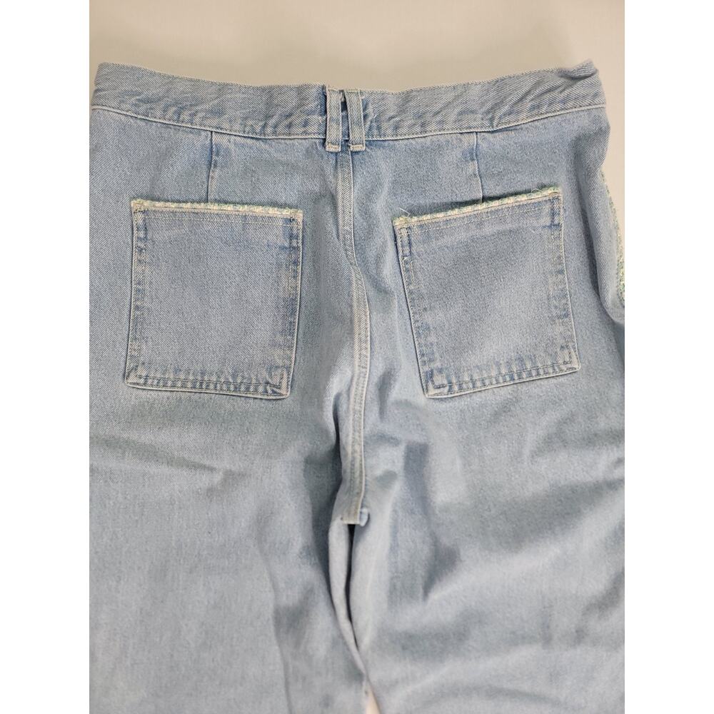 ZARA High Rise Jeans Sz 14 Tweed Trim Jewel Button Crop Wide Leg Light Wash Y2K - Picture 10 of 11